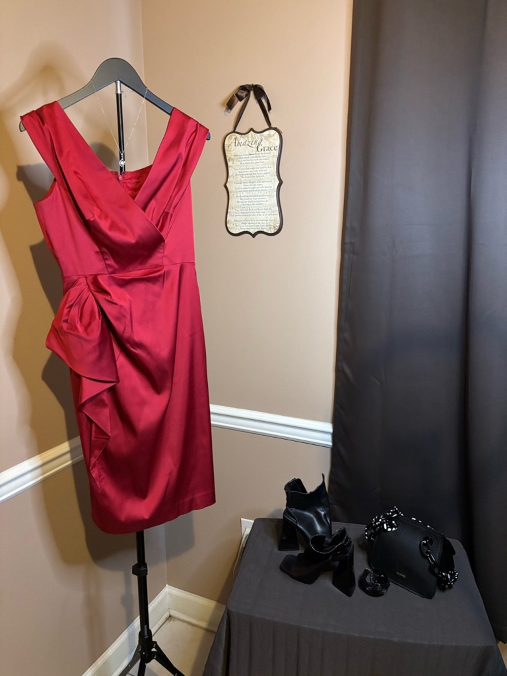 Maggy London Red Satin V-Neck Midi Dress with Side Ruffle